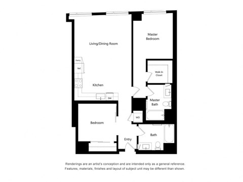 Floor plan for 2 beds, 2 baths, 998 sqft